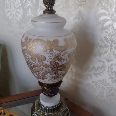 Vintage Satin Milk Glass Lamp with Gold Accent Design