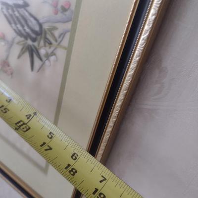 Vintage Asian Textile Silk Art Embroidered Birds on a Branch Framed