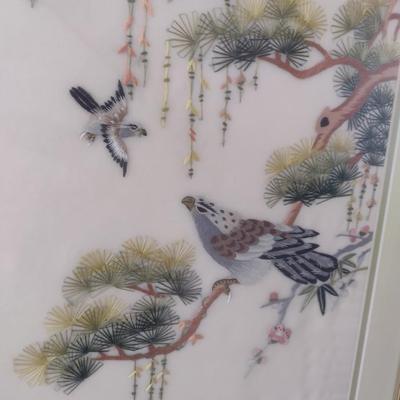 Vintage Asian Textile Silk Art Embroidered Birds on a Branch Framed
