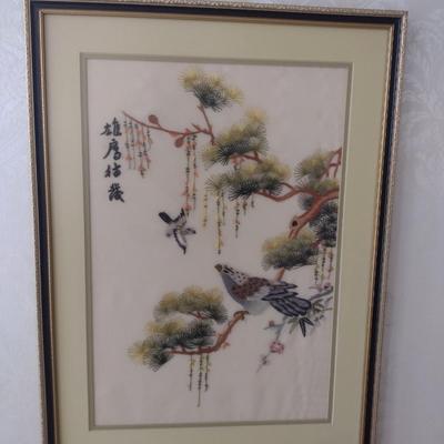 Vintage Asian Textile Silk Art Embroidered Birds on a Branch Framed