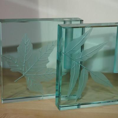 STEPHEN SCHLANSER SIGNED ETCHED FERN BUD VASES /SQUARE 5"