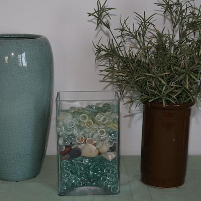 LIGHT TEAL W/CRAZED FINISH COLORED 14" CERAMIC VASE/ GLASS STONES FILLED PLANTER/ 9" BROWN GLAZE VASE W/ FAUX GREENS GROUPING