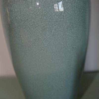 LIGHT TEAL W/CRAZED FINISH COLORED 14" CERAMIC VASE/ GLASS STONES FILLED PLANTER/ 9" BROWN GLAZE VASE W/ FAUX GREENS GROUPING