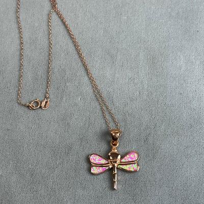 Rose gold over Sterling silver Pink Opal Dragonfly necklace