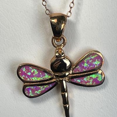 Rose gold over Sterling silver Pink Opal Dragonfly necklace