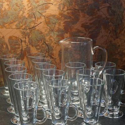 PARTY GLASS WARE SET OF 14 HANDLED CUPS AND PITCHER