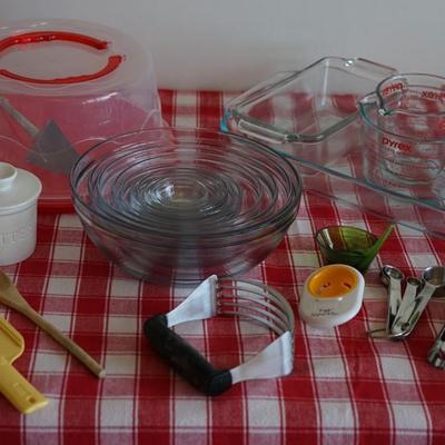 FRENCH GLASS NESTING BOWLS , PYREX , OXO UTENSILS & BAKING TOOLS