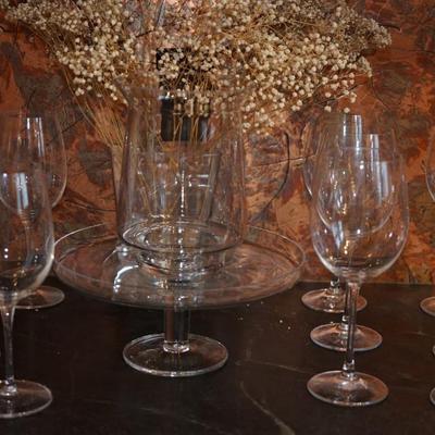 NACHTMANN & BORMIOLI WINE GLASSES, 8" GLASS CANDLE CENTERPIECE AND DESSERT TAZZA