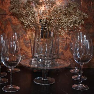 NACHTMANN & BORMIOLI WINE GLASSES, 8" GLASS CANDLE CENTERPIECE AND DESSERT TAZZA
