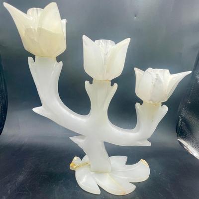 Pair of Vintage Hand Carved Marble Three Tulip Candle Holder Candelabra Mexico