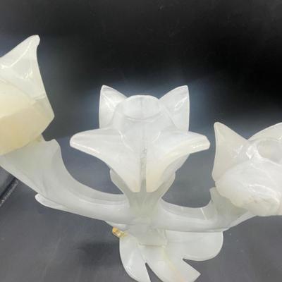 Pair of Vintage Hand Carved Marble Three Tulip Candle Holder Candelabra Mexico