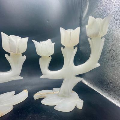Pair of Vintage Hand Carved Marble Three Tulip Candle Holder Candelabra Mexico