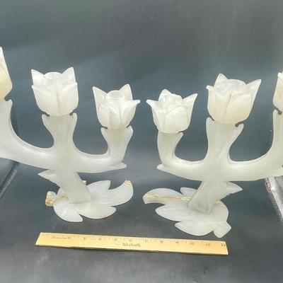 Pair of Vintage Hand Carved Marble Three Tulip Candle Holder Candelabra Mexico