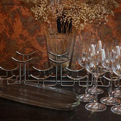 NACHTMANN WINE GLASSES 12 OZ SET OF 6 , CHROME WINE BOTTLE HOLDER