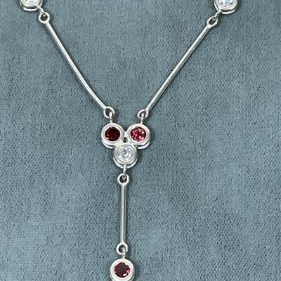 Garnet and CZ sterling Y Necklace