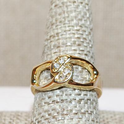 Size 9 ½ VINTAGE Double "Pod" Ring with 4 Clear Stones & Looped Setting and Gold Tone Band (6.5g)