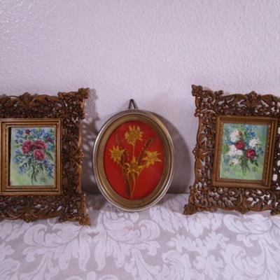 2 Vintage framed paintings of flowers, 1 framed dried flowers