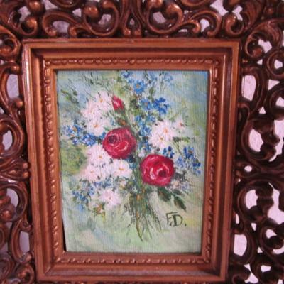 Sale Photo Thumbnail #83: 2 painted pictures are 3" x 2-3/8", frames measure 6-1/2" x 6"; dried flowers frame is oval 5-1/2" x 4-1/4"