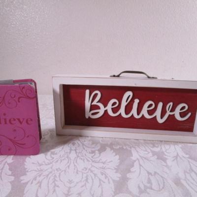 1 book "Believe", wall hanging also "Believe"