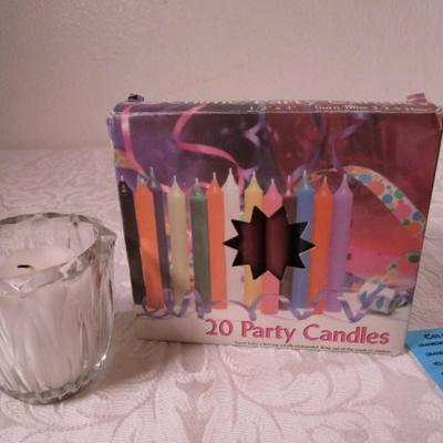 20 party candles, 1 votive candle with holder