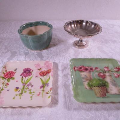 2 plastic plates, 1 planter, 1 Oneida silver-plated candy dish