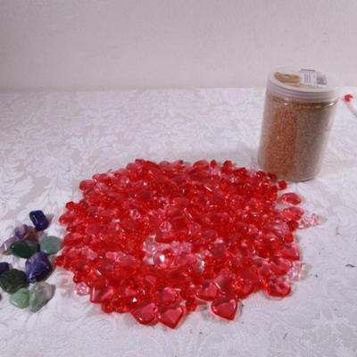 Acrylic hearts & chunks, 12 polished stones, coarse stone granuals