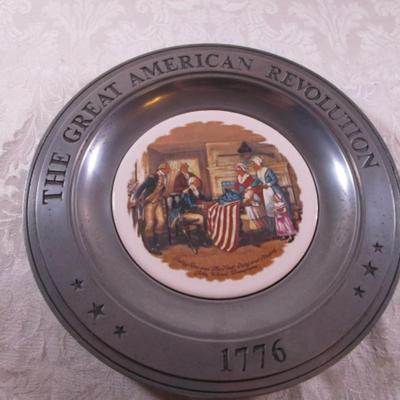 Pewter ceramic plate, Betsy Ross & the First Stars & Stripes