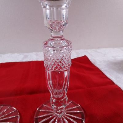 Vintage Rexxford Embassy hand-cut lead crystal pair of candlesticks & candles
