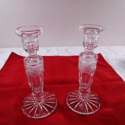 Vintage Rexxford Embassy hand-cut lead crystal pair of candlesticks & candles