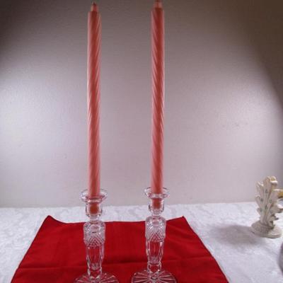 Vintage Rexxford Embassy hand-cut lead crystal pair of candlesticks & candles