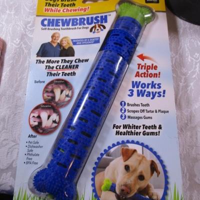 Gravity pet waterer, pet food dish, chewbrush, 2 cans dog food