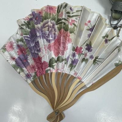 Vintage Decor Lot - "R", hand held fan, hanging candle holder, blue glass jar, etc