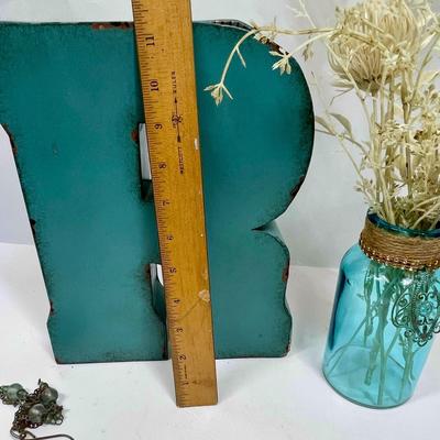 Vintage Decor Lot - "R", hand held fan, hanging candle holder, blue glass jar, etc
