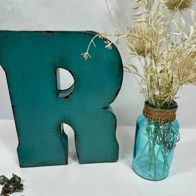 Vintage Decor Lot - "R", hand held fan, hanging candle holder, blue glass jar, etc