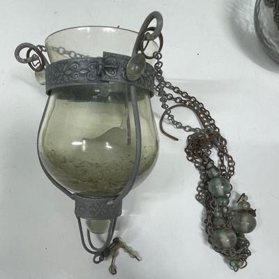 Vintage Decor Lot - "R", hand held fan, hanging candle holder, blue glass jar, etc