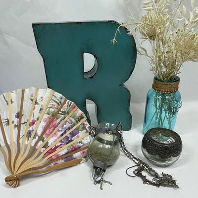 Vintage Decor Lot - "R", hand held fan, hanging candle holder, blue glass jar, etc