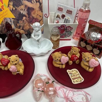 Valentines Day Lot - greeting cards, bear figurines, Candle holder plates, etc