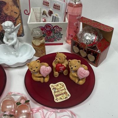 Valentines Day Lot - greeting cards, bear figurines, Candle holder plates, etc
