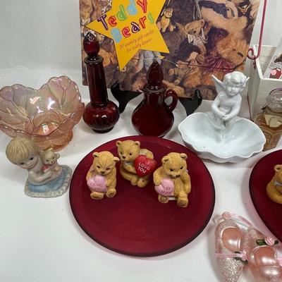 Valentines Day Lot - greeting cards, bear figurines, Candle holder plates, etc