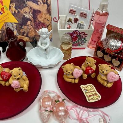 Valentines Day Lot - greeting cards, bear figurines, Candle holder plates, etc