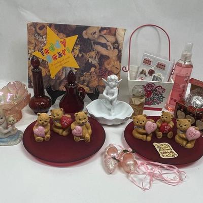 Valentines Day Lot - greeting cards, bear figurines, Candle holder plates, etc