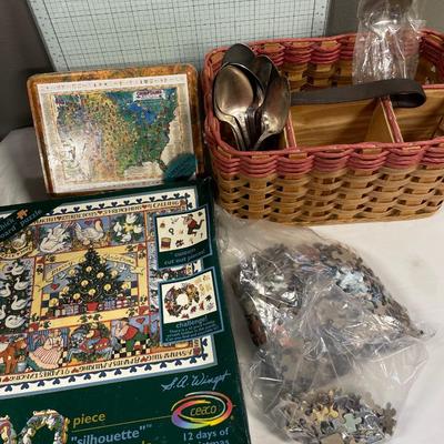 Puzzles and silverware organizer and vintage spoons