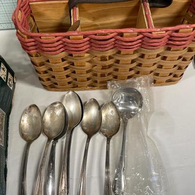 Puzzles and silverware organizer and vintage spoons