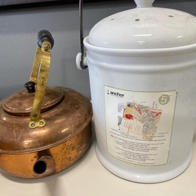 Copper tea kettle and Anchor Compost Pot