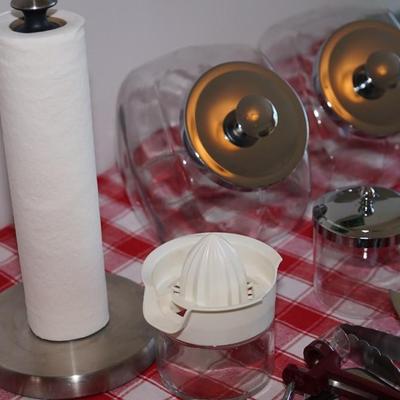 Kitchen Grouping of choice items. Front loading covered jars, 10 Utensils , Plus