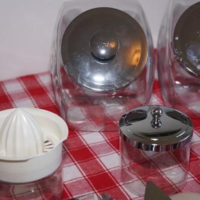 Kitchen Grouping of choice items. Front loading covered jars, 10 Utensils , Plus