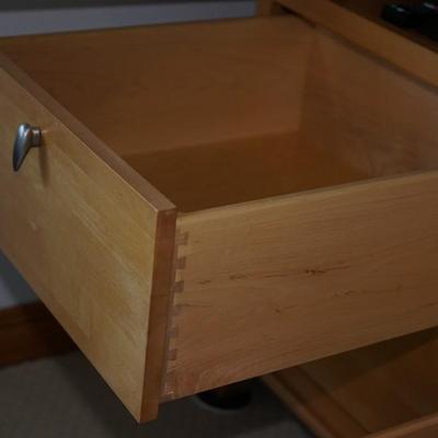 EXCELLENT CONTEMPORARY STYLE "HONEY " MAPLE COLORED ENTERTAINMENT CABINET W/BRUSHED CHROME HANDLES