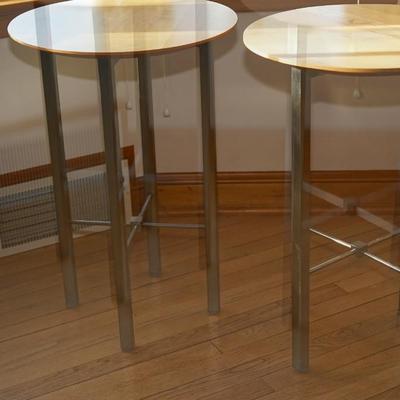 PAIR OF CHROME FRAMED BASE TABLES W/ ROUND MAPLE TOPS