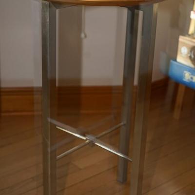 PAIR OF CHROME FRAMED BASE TABLES W/ ROUND MAPLE TOPS