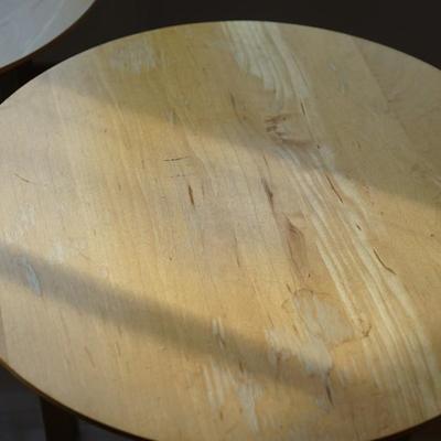 PAIR OF CHROME FRAMED BASE TABLES W/ ROUND MAPLE TOPS